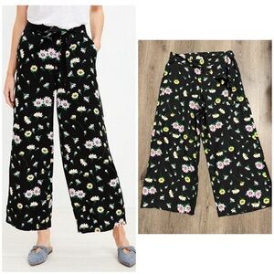 NWOT LOFT BLACK FLORAL LINEN BLEND WIDE LEG PANTS Fairy Country Prairie Medium